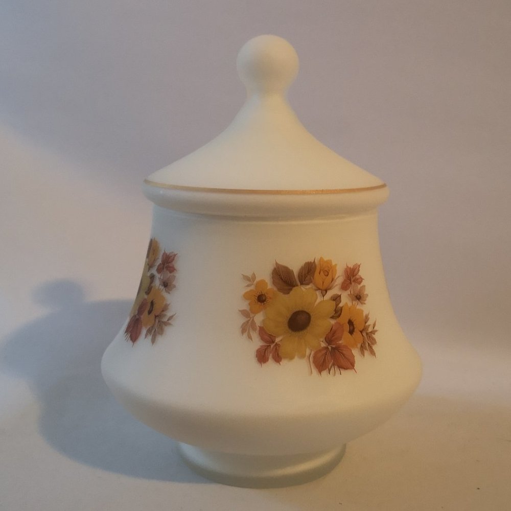 Vintage Frosted Covered Glass Bowl, Muted Floral All-over Pattern, Unique Shape
